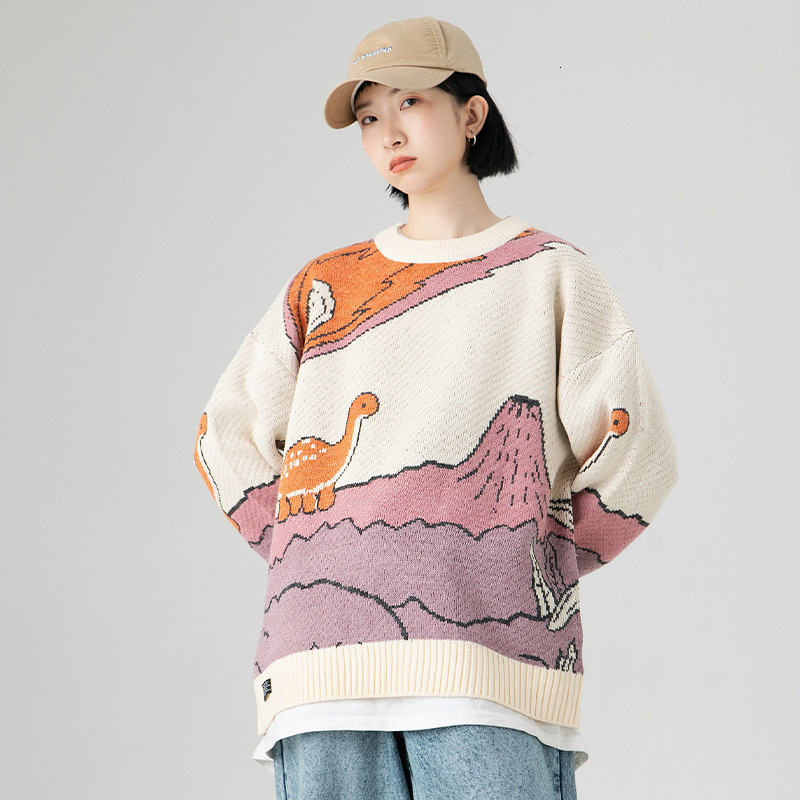 Men's Sweaters 2023 spring Cartoon Dinosaur Knitted Sweater Men Women Winter Vintage Loose Pullover Casual Streetwear Pull Homme 230808