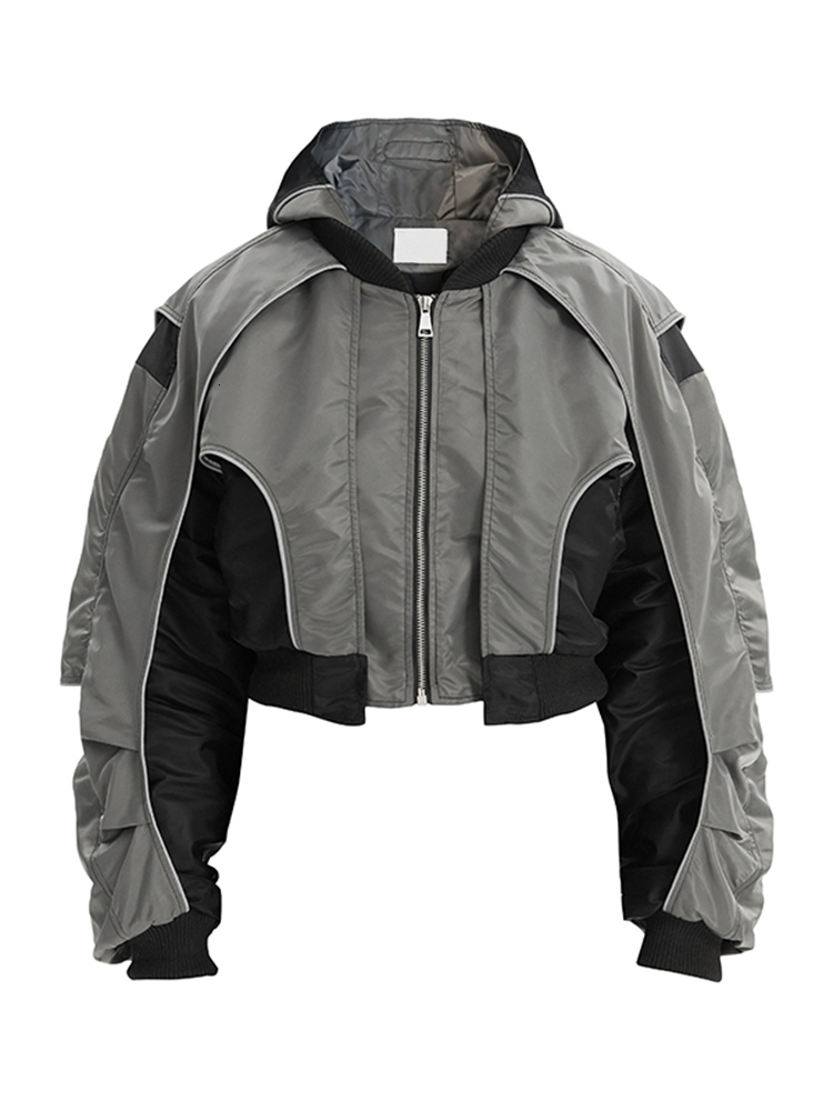 Womens Jackets DEAT Fashion Hooded Contrasting Colors Reflective Splicing Pile Up Sleeves Overwear Coat Autumn 7AB042 230808