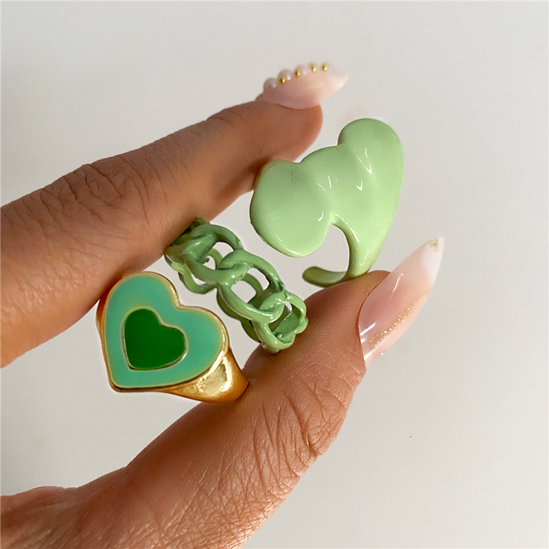 Wedding Rings Fashion Heart Rings Set for Women Hollow Geometric Chain Cross Knuckle Rings Creative Cute Pink Green Open Couple Rings 230808