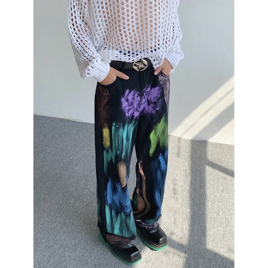 Mens Jeans American style handpainted paint color jeans for men and women summer vibe high street loose slim straight wideleg pants 230809