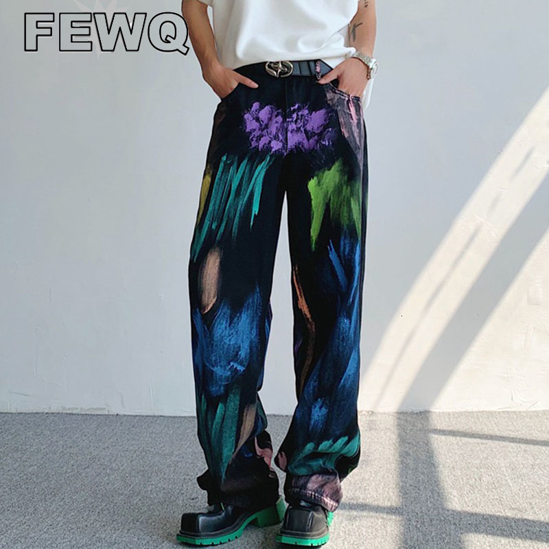 Mens Jeans FEWQ Colorful Graffiti Stitching Color Male High Street Denim Trousers Casual Wide Leg Pants Trendy 24B3326 230809