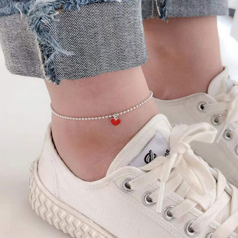 Anklets Real 925 Sterling Silver Red Heart Anklets Woman Beads Ankle Bracelet On The Leg Chain Women Barefoot Summer Jewelry 230808