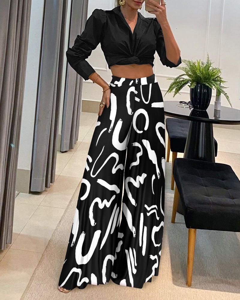 Women's Pants s Fashion Sets Autumn European and American Style Street Trendy Embossed Polyester Shirt High Waist Casual Set 230808