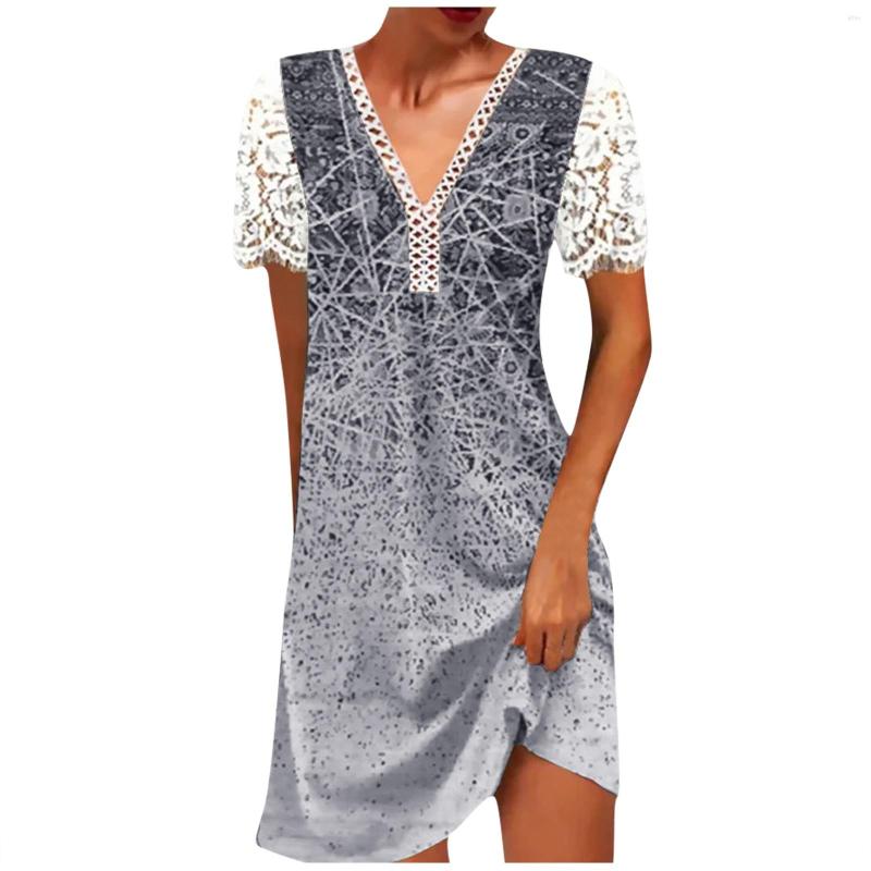 Casual Dresses Women Sexy Beach Dress V Neck A Line Short Sleeve Lace Holiday Daily Wear Patchwork Skirt Solid Color Loose Mini