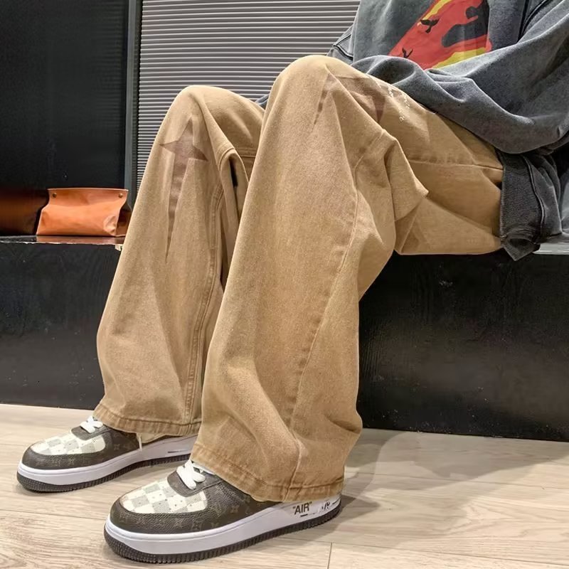 Mens Jeans Retro Print Neutral Wide Leg Denim Trousers hip hop Loose Straight Men Man Casual Baggy man Pan 230809