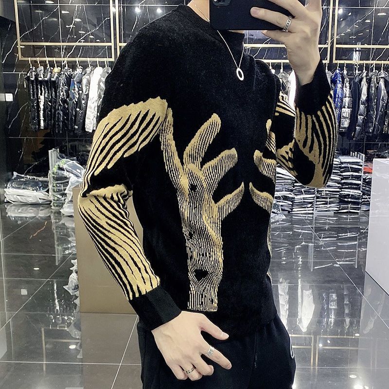 Men's Sweaters Stylish Printed O-Neck Spliced All-match Korean Sweater Men Clothing Autumn Oversized Casual Pullovers Loose Warm Tops 230808