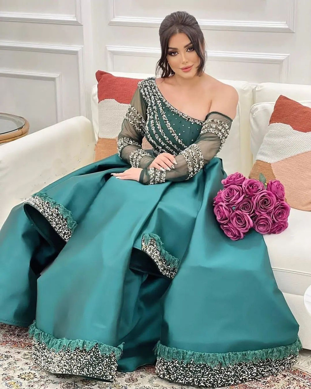 Arabic Mermaid Evening Dresses One Long Sleeves Beading Applique African Women Muslim Prom Gowns Formal Occasion Party Wear