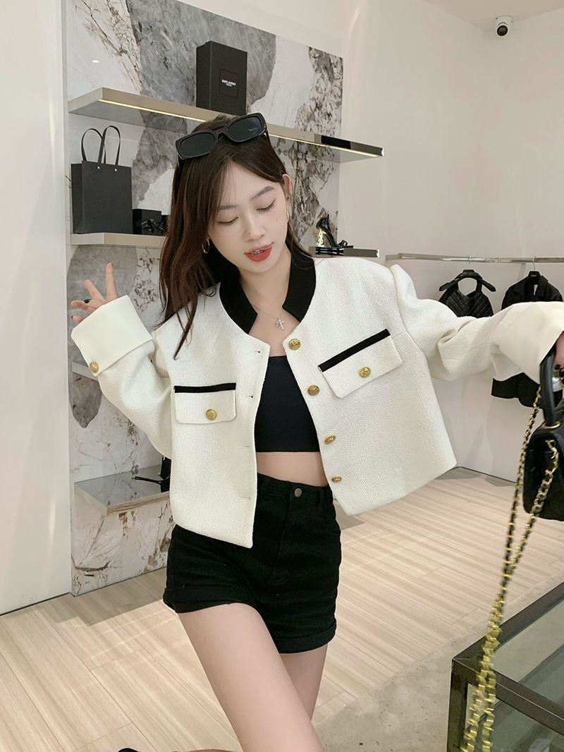 Womens Jackets Deeptown Korean Fashion Cropped Tweed Jacket Women Chic and Elegant Spring Harajuku Streetwear Style White Coat Female 230808