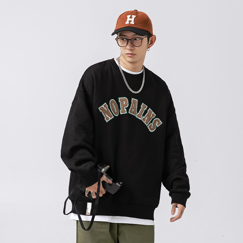Mens Hoodies Sweatshirts Heavyweight Japanese Retro Round Neck Hip Hop Letter Suede Embroidered Patch Pullover Sweat Shirts Male Tops 230808