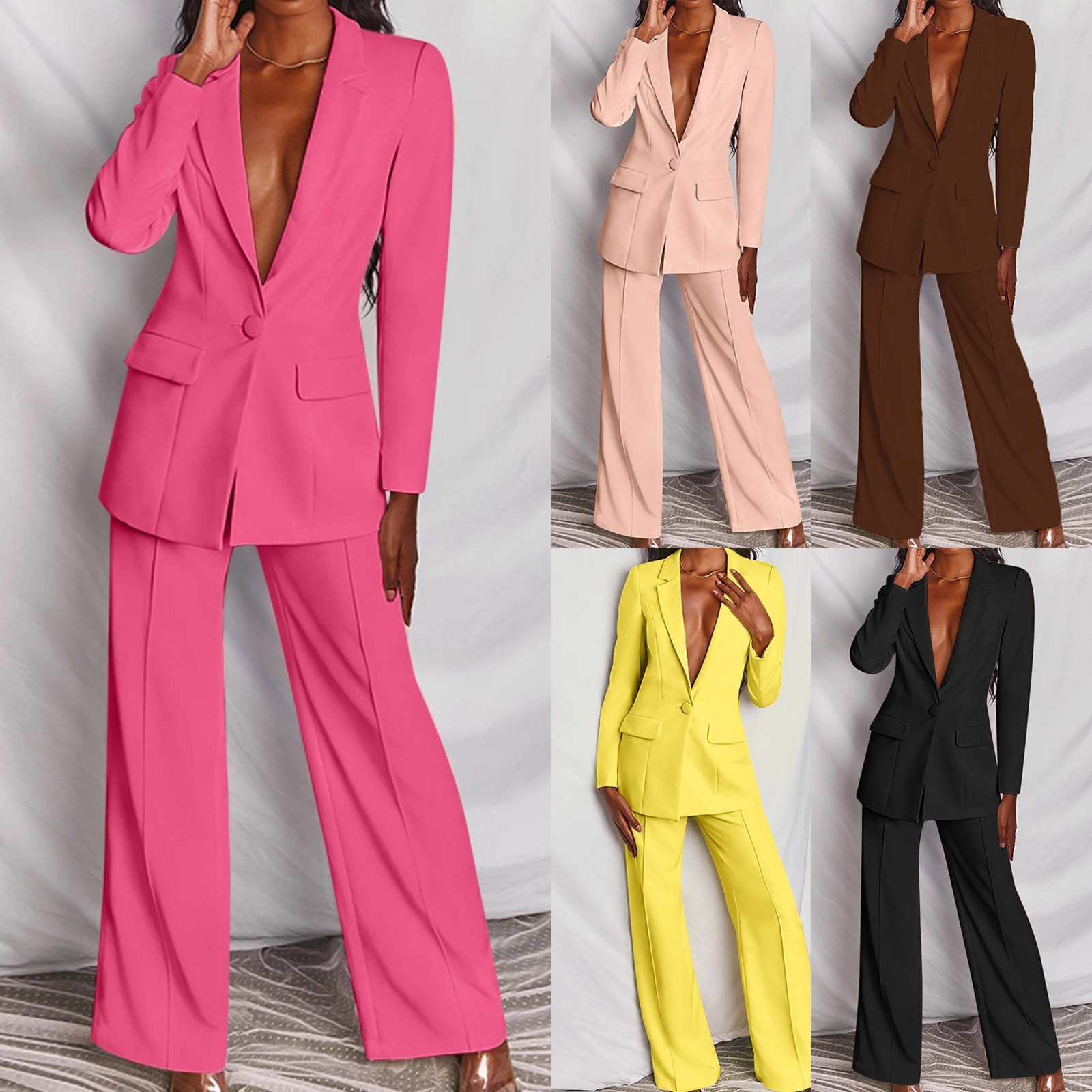 Women's Two Piece Pants Women's Office Suit Fashion Blazer Pantsuit Simple Solid Color Suit V-Collar Long SleeveTrousers 2 Piece Set Blazer 
