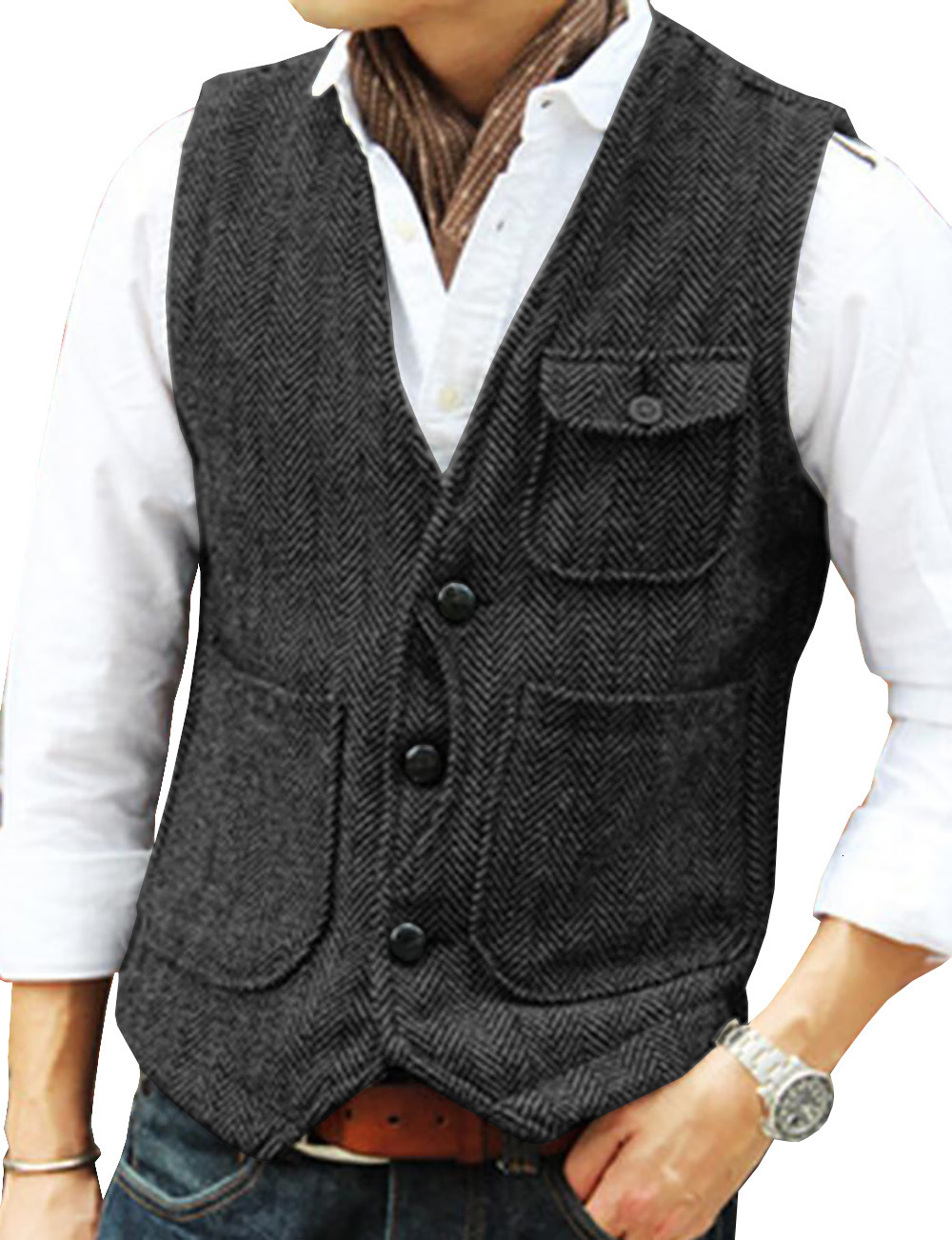 Men's Vests Men's Business Suit Vest Herringbone Tweed V Neck Formal Waistcoat for Wedding Suit or Tuxedo 230808