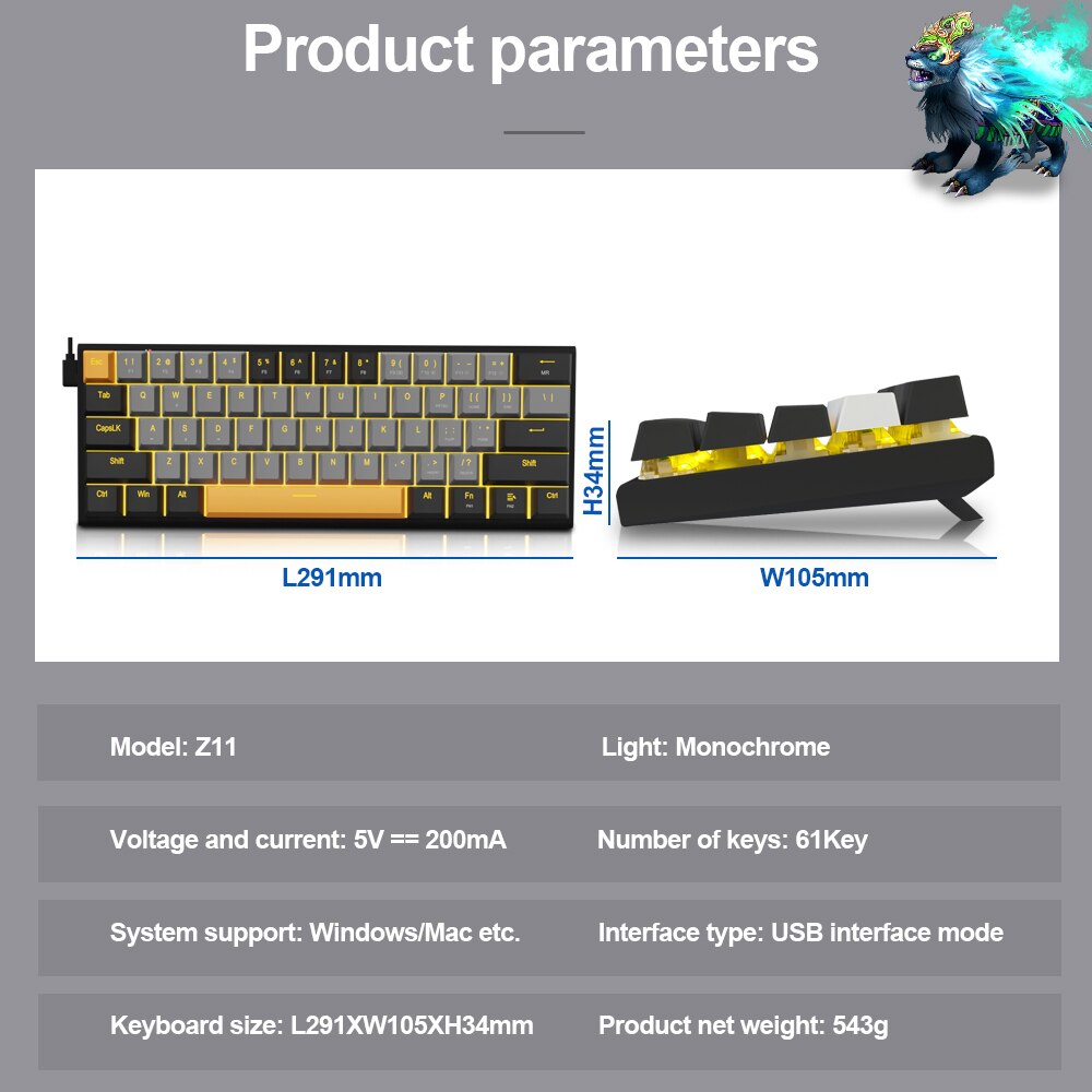 z11 usb mechanical gaming wired keyboard red switch 61 keys gamer russian brazilian portuguese for computer pc laptop
