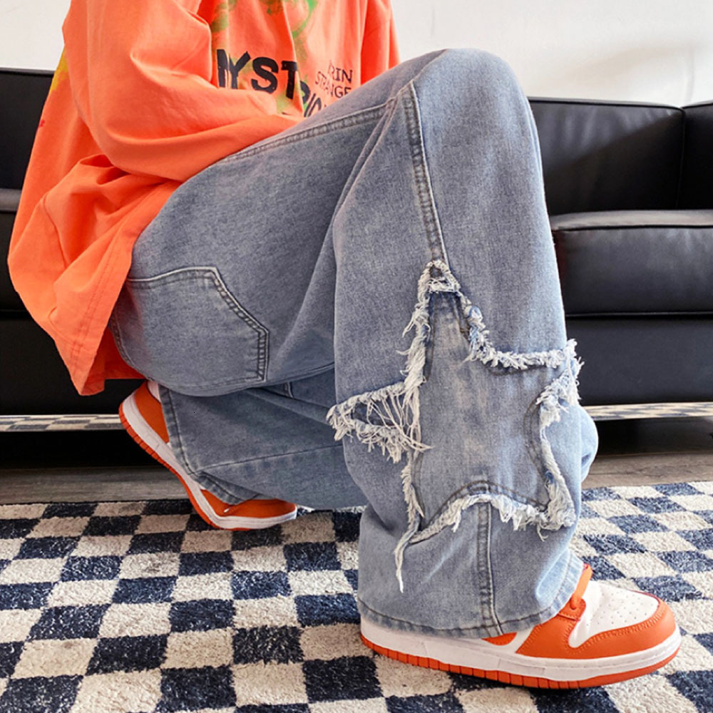 Mens Jeans High Street Star Embroidered Baggy Men Retro Washed Patch Loose Wide Leg Pants American Casual Straight Y2K 230809