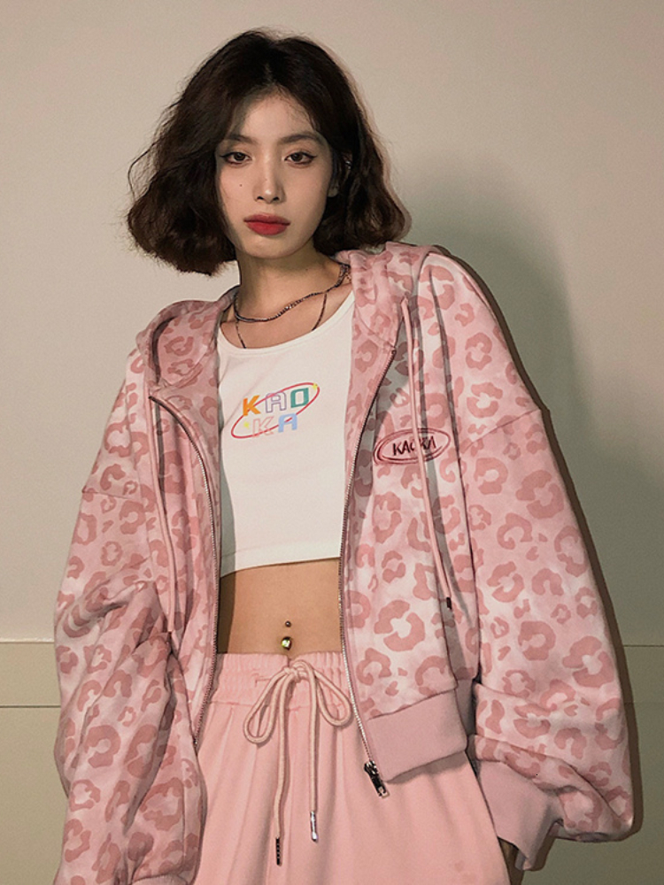 Women's Hoodies Sweatshirts Deeptown Preppy Style Pink Sweatshirts Leopard Print Y2K Harajuku Oversized Vintage Zipper Cropped Top Cute Jacket 23