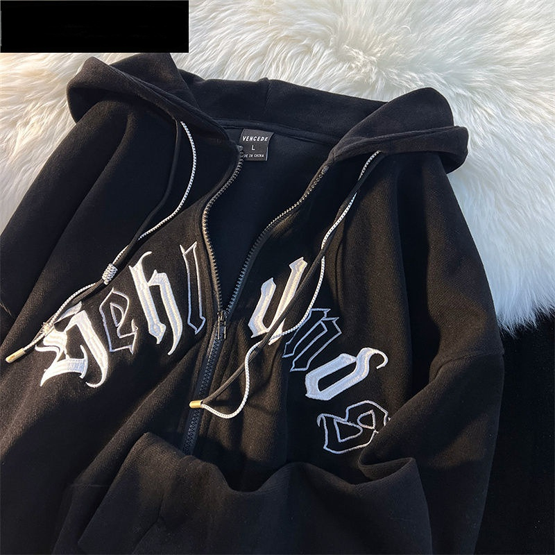 Womens Jackets American Vintage Letter Embroidery Zipper Hooded Jacket Couple Loose Fashion Street Long Sleeve Cardigan Coat women jacket 230808