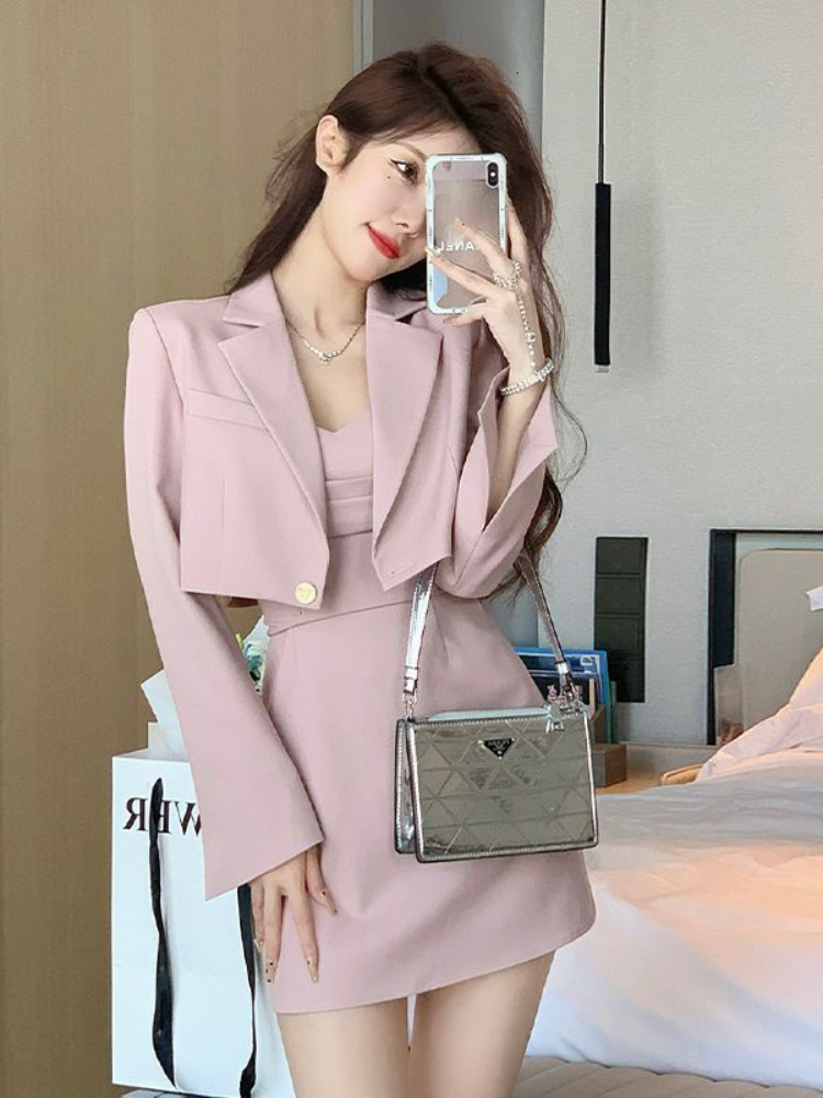 Basic Casual Dresses Autumn Pink Two Piece Dress Set Women Blazer CoatStrap Dress Set Female Casual Korean Fashion Slim Elegant Dress Suit 230808