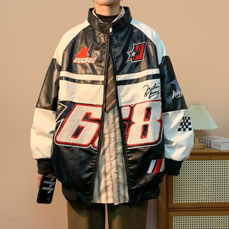 Mens Jackets Hip Hop American PU Leather Jacket Men Patchwork Letter Embroidery Motorcycle Biker Coats Unisex Bomber Flocking Clothes 230809