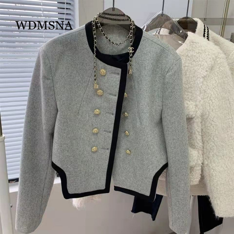 Womens Jackets WDMSNA Grey Irregular Small Fragrant Round Neck Coat Spring French Double Breasted for Women Short Wool Suit Top 230808
