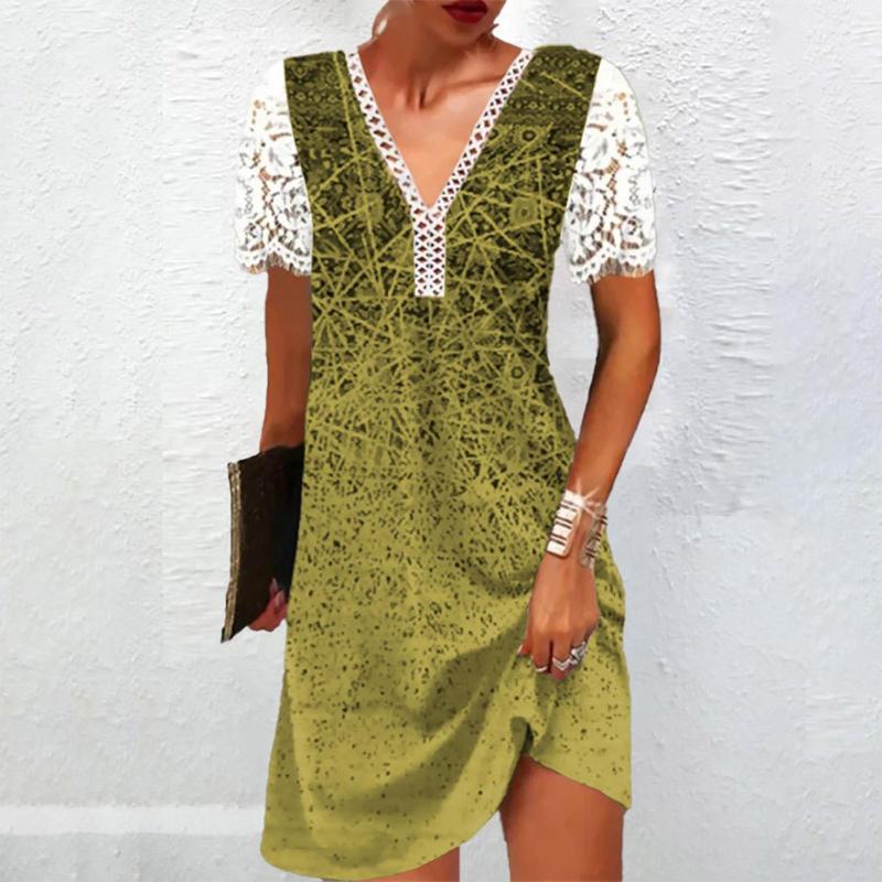 Casual Dresses Women Sexy Beach Dress V Neck A Line Short Sleeve Lace Holiday Daily Wear Patchwork Skirt Solid Color Loose Mini