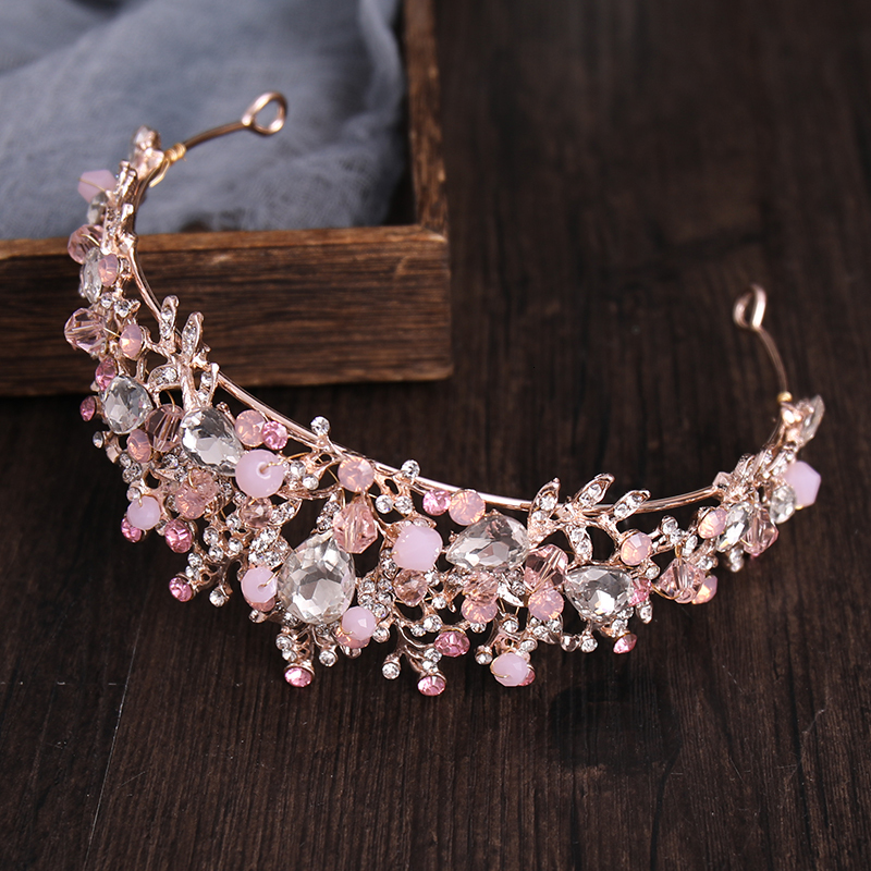 Wedding Hair Jewelry Rose Gold Silver Color Pink Crystal Bridal Tiara And Crown Handmade Queen Princess Diadem With Earring Women Wedding Accessories 