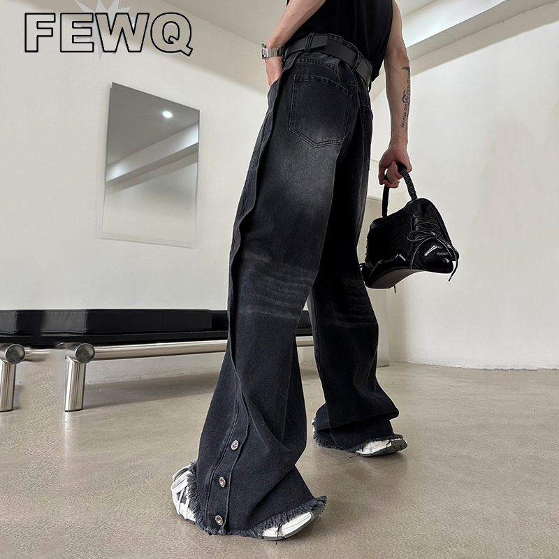 Mens Jeans FEWQ Y2k Ripped Burrs Solid Color Denim Pants Male Vintage Wornout Straight Trousers Breasted Oversize Retro 24B2664 230809