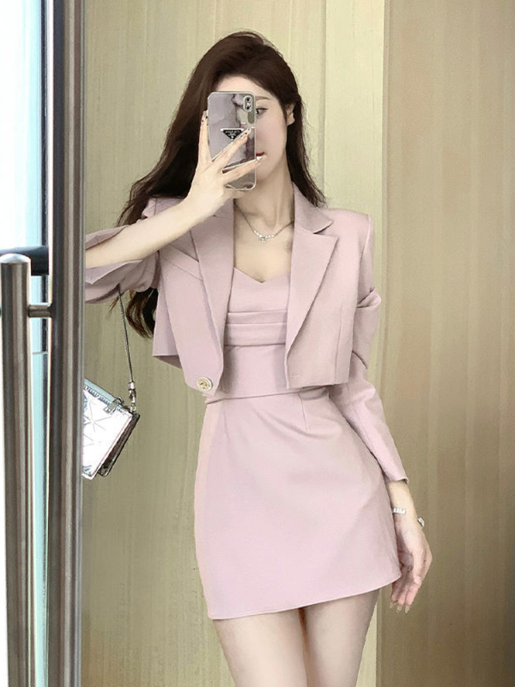 Basic Casual Dresses Autumn Pink Two Piece Dress Set Women Blazer CoatStrap Dress Set Female Casual Korean Fashion Slim Elegant Dress Suit 230808