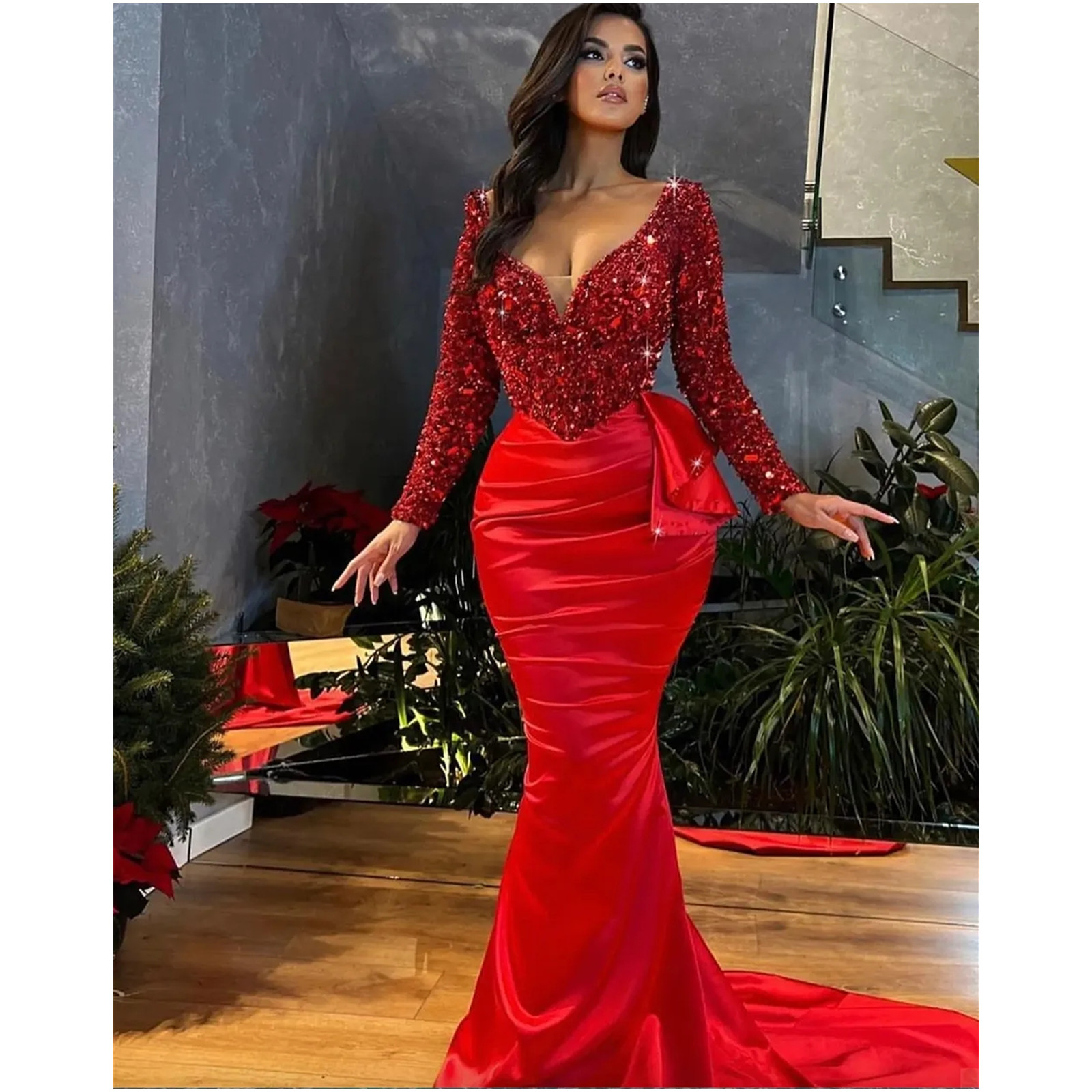 2024 Red Beaded Mermaid Prom Dresses Deep V Neck Long Sleeve Tailor Made Pleat Evening Gowns Robe De Mariee