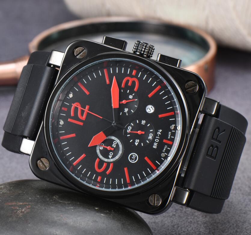 New mens wristwatches Quartz Watch bell brown leather black rubber Strap ross 6 hands watches
