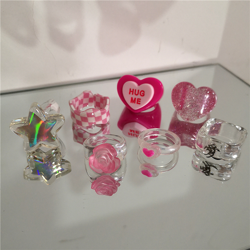 Wedding Rings Kpop Cute Goth Pink Transparent Flower Heart Star Resin Acrylic Rings Set For Women Egirl BFF Y2K Aesthetic Jewelry Accessories 230808