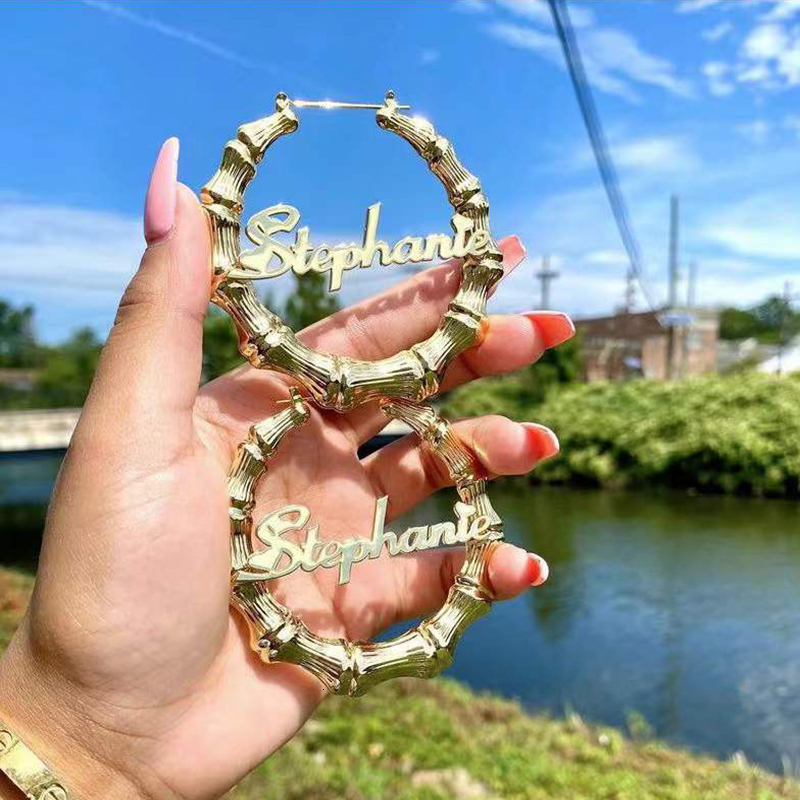 Hoop Huggie Custom Gold Stainless Steel Name Round Bamboo Hoop Earrings for Women Girl Customized Hip Hop Big Earrings Statement Jewelry 230808