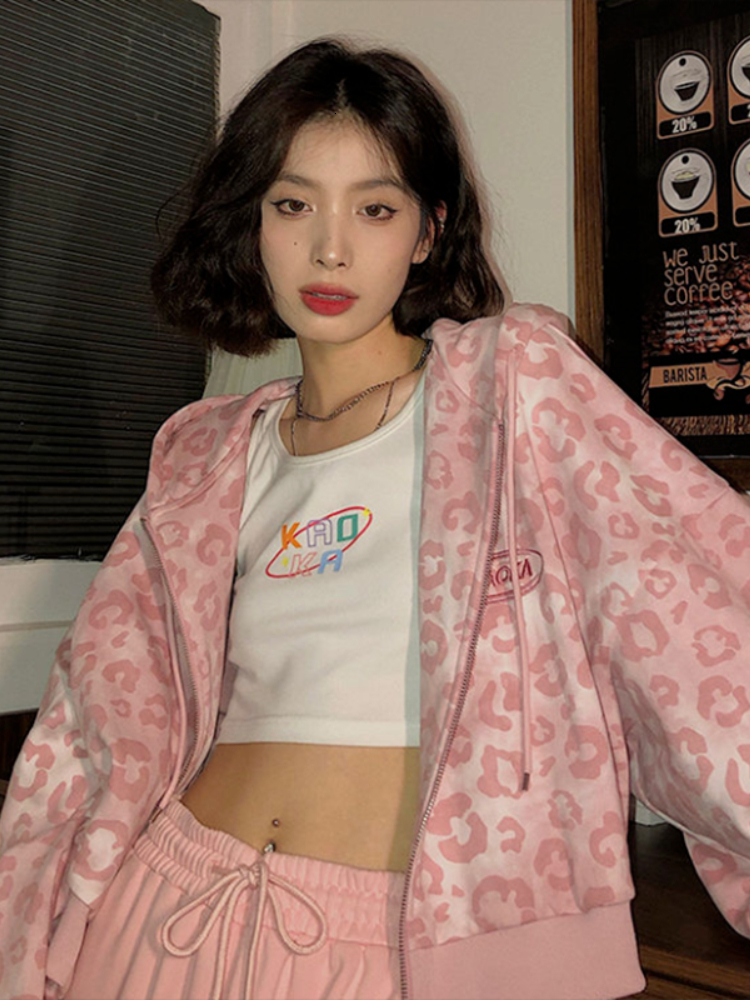 Women's Hoodies Sweatshirts Deeptown Preppy Style Pink Sweatshirts Leopard Print Y2K Harajuku Oversized Vintage Zipper Cropped Top Cute Jacket 23