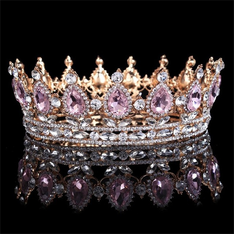 Wedding Hair Jewelry Bride Royal Pink Crystal Queen King Headwear Baroque Round Crown Large Beauty Selection Crown Headband Wedding Hair A 230808