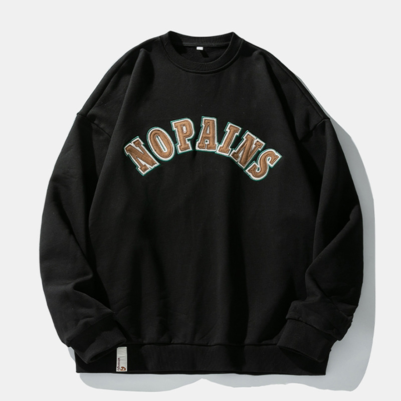 Mens Hoodies Sweatshirts Heavyweight Japanese Retro Round Neck Hip Hop Letter Suede Embroidered Patch Pullover Sweat Shirts Male Tops 230808