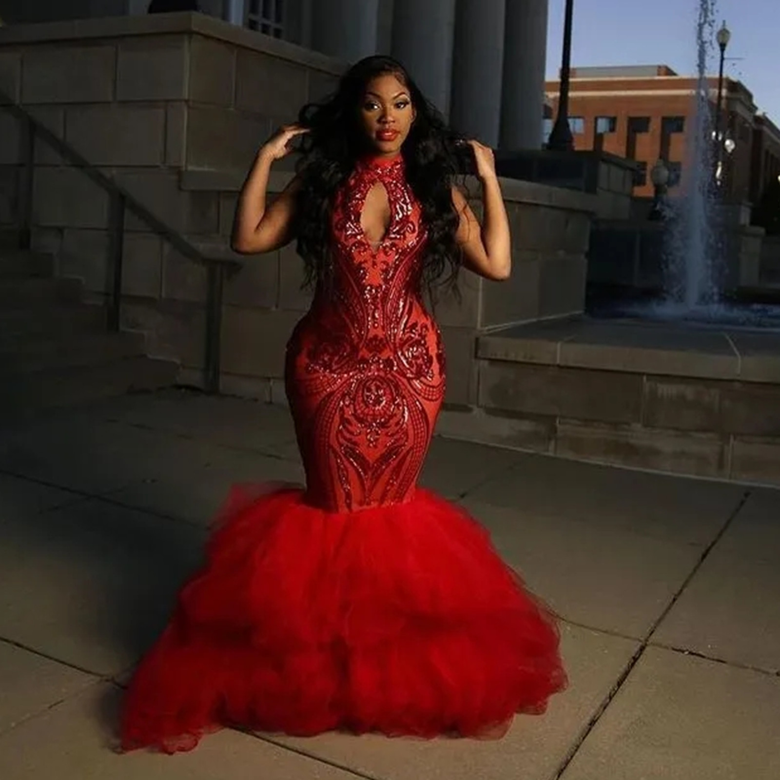 Plus Size Arabic Aso Ebi Red Mermaid Sexy Prom Dresses Lace High Neck Evening Formal Party Second Reception Gowns Dress 6660312