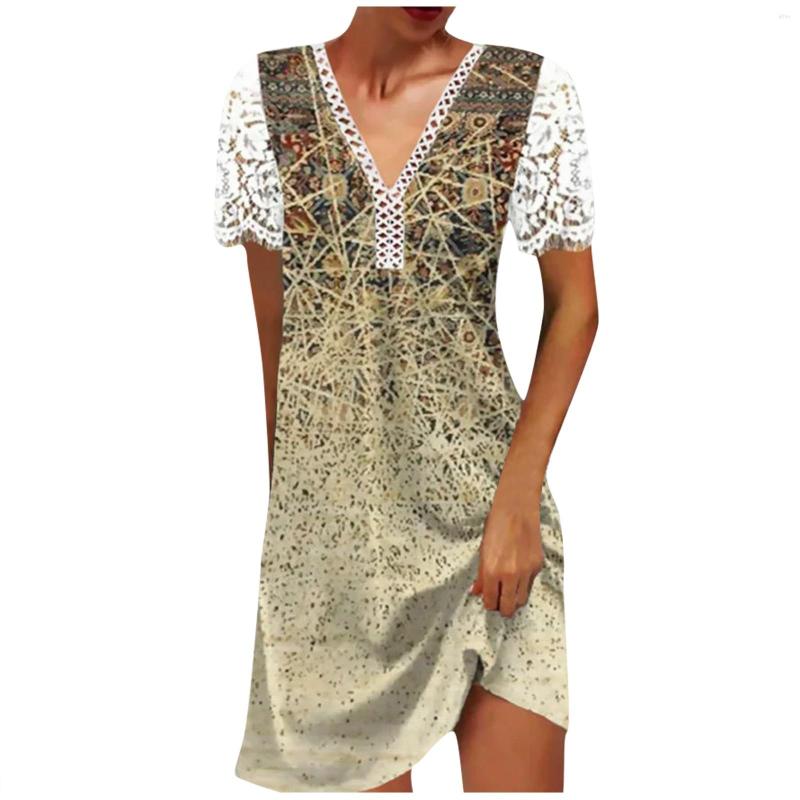 Casual Dresses Women Sexy Beach Dress V Neck A Line Short Sleeve Lace Holiday Daily Wear Patchwork Skirt Solid Color Loose Mini