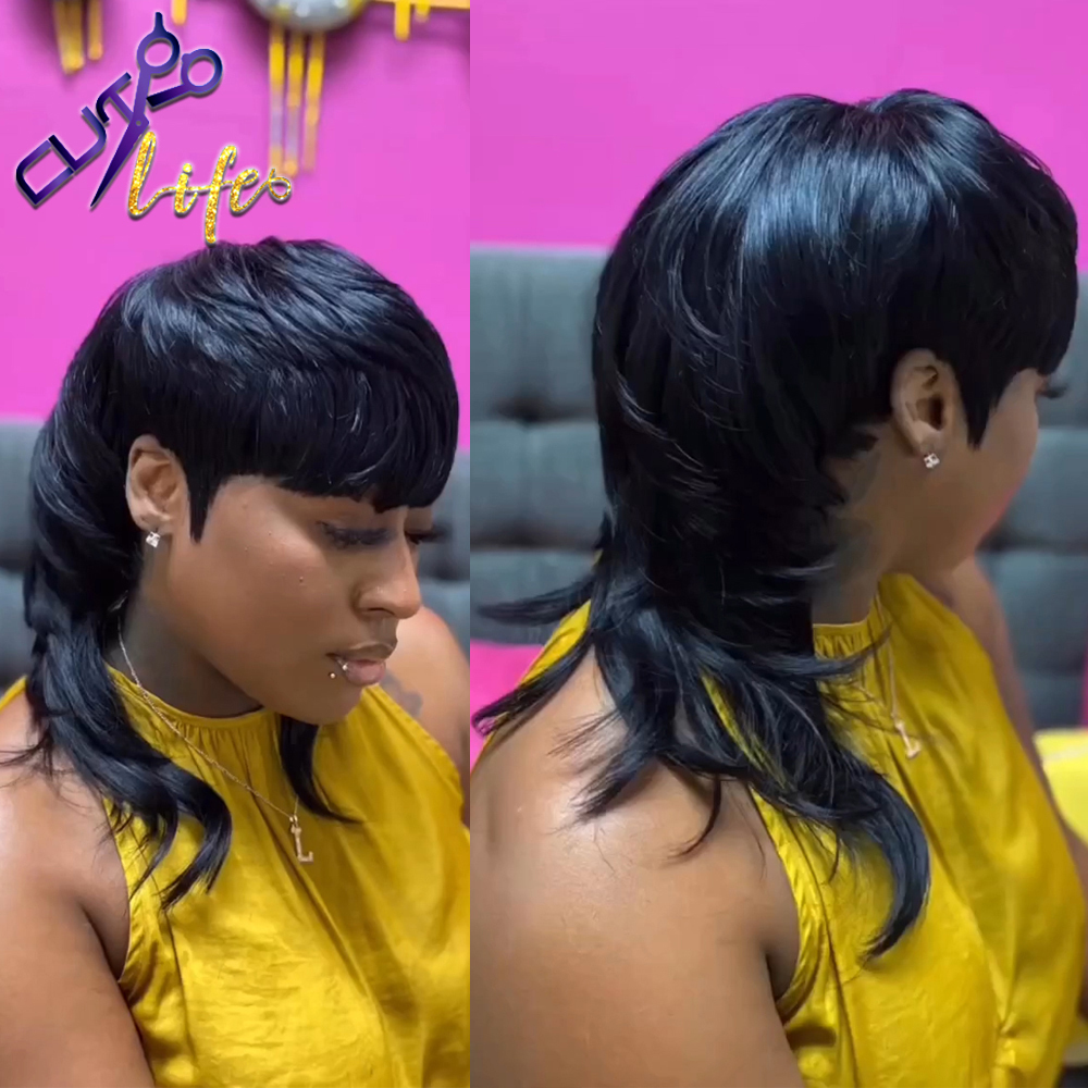 Synthetic Wigs Short Pixie Cut Wigs Full Machine Made Wig With Bangs Dovetail Straight Brazilian Remy Human Hair Wigs For Women Model Length 230808