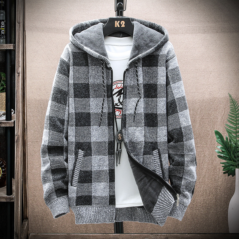 Men's Sweaters Men's Winter Plaid Sweater Hooded Cardigan Cold Coat Wool Zipper Jacket Autumn Fleece Warm Fashion Checkered Knit Jumper 2308