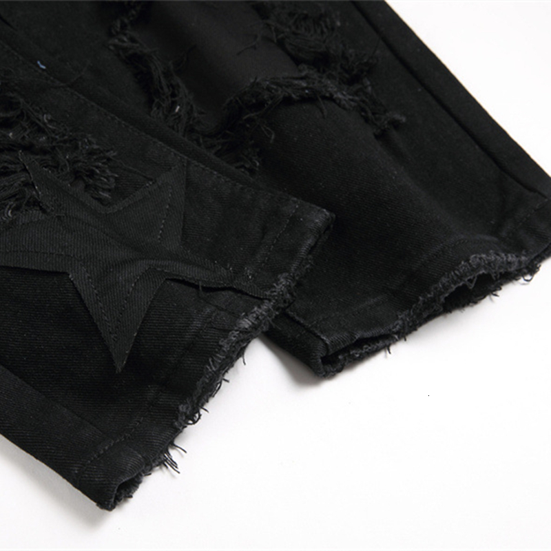 Mens Jeans Black Ripped Applique Embroidered Punk Style MidRise Slim Pencil Pants Fashion Streetwear 230809