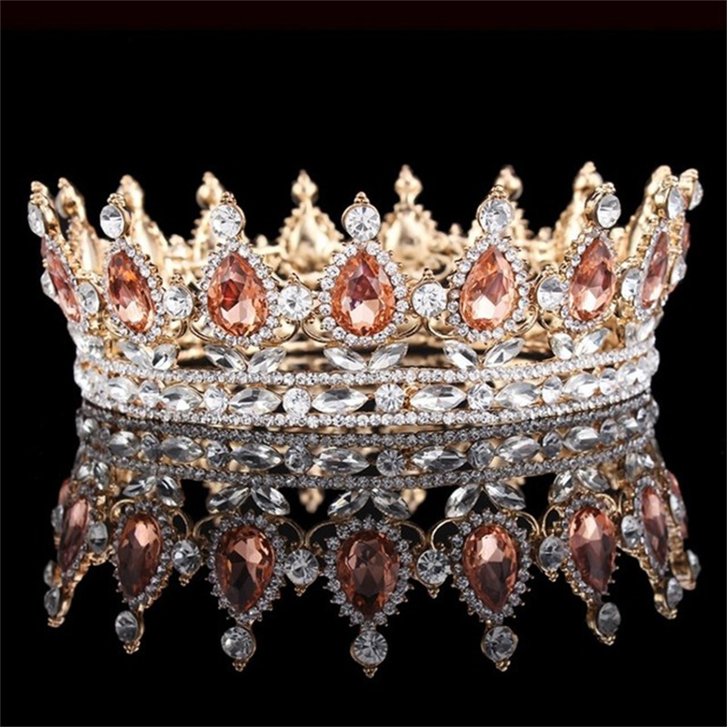 Wedding Hair Jewelry Bride Royal Pink Crystal Queen King Headwear Baroque Round Crown Large Beauty Selection Crown Headband Wedding Hair A 230808