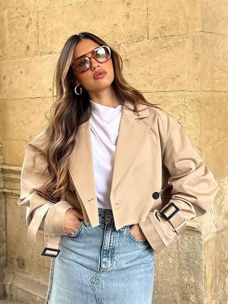 Womens Jackets Ladies Short Oversized Cropped Trench Coat Women Jacket Lapel Collar Long Sleeve Outerwear Chic Loose Tops Female 230808
