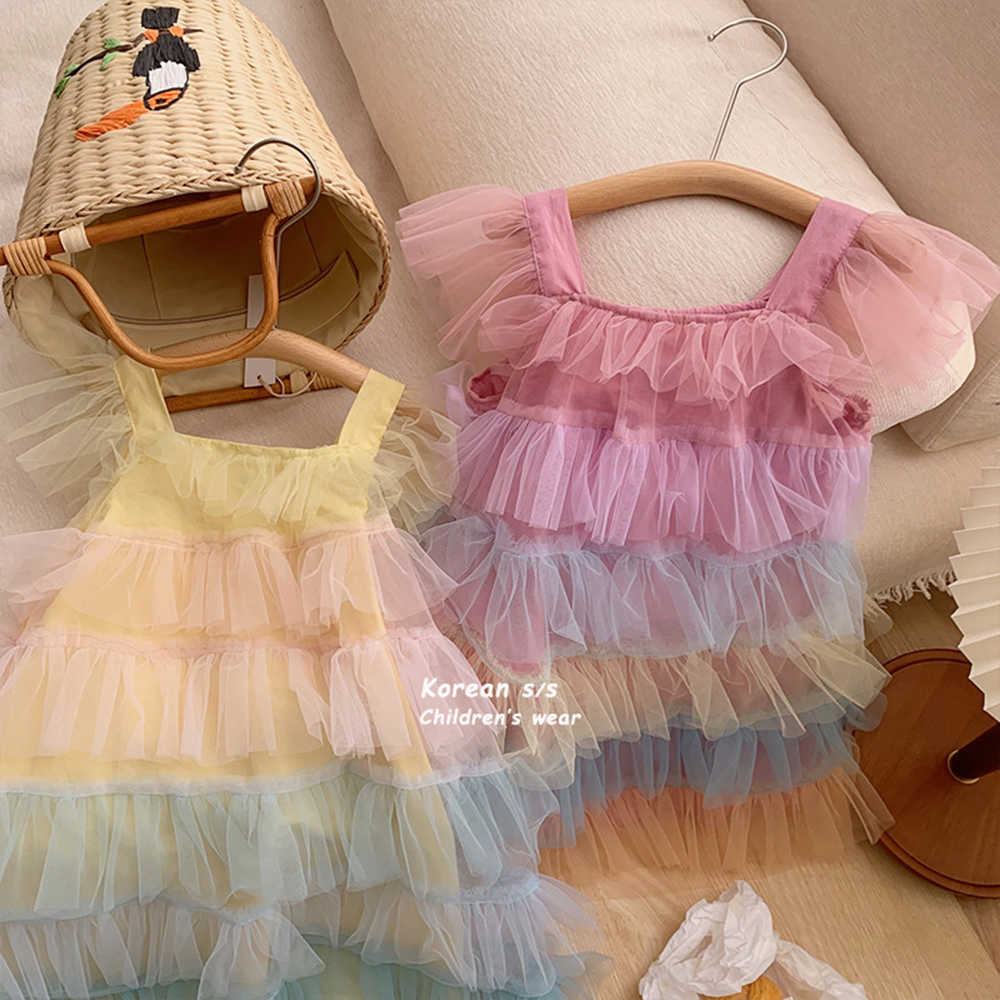 Girl's Dresses Baju Anak Perempuan Baju Anak Baru Pelangi Berlapis-lapis Jaring Gaun Kue Dansa Putri Musim Panas Vestido Baju Anak R230808