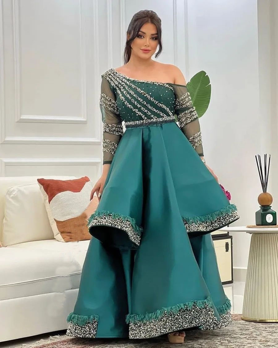 Arabic Mermaid Evening Dresses One Long Sleeves Beading Applique African Women Muslim Prom Gowns Formal Occasion Party Wear