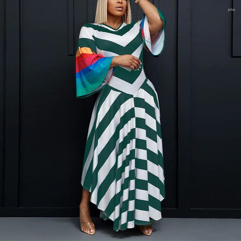 Casual Dresses Fashion Striped Printed V-Neck Pullover Dress Elegant High Waist Flared Sleeves Irregular Long Women Commuter Office