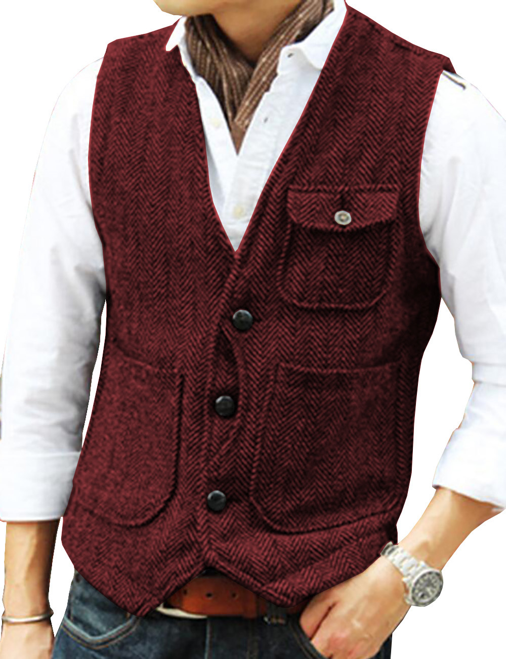 Men's Vests Men's Business Suit Vest Herringbone Tweed V Neck Formal Waistcoat for Wedding Suit or Tuxedo 230808