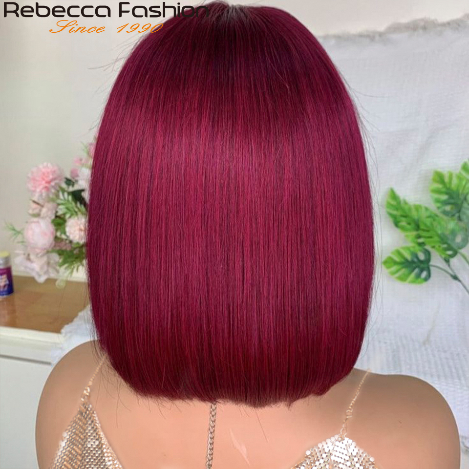 Synthetic Wigs 99J Colored Short 180D Straight Brazilian Human Hair Bob Wigs with Bangs Remy Full Machine Made for Women Hightlight Burgundy 230808