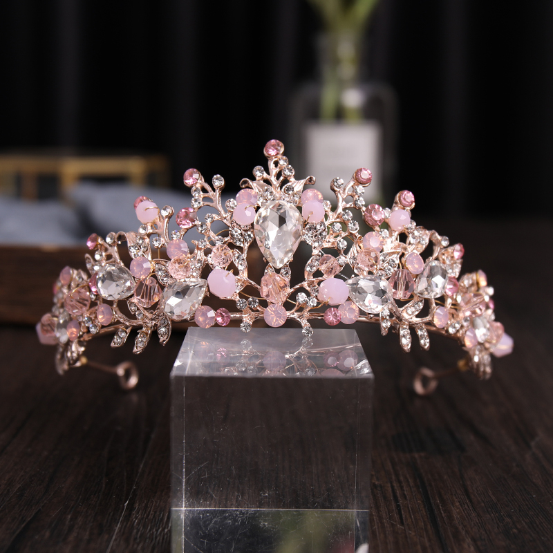 Wedding Hair Jewelry Rose Gold Silver Color Pink Crystal Bridal Tiara And Crown Handmade Queen Princess Diadem With Earring Women Wedding Accessories 