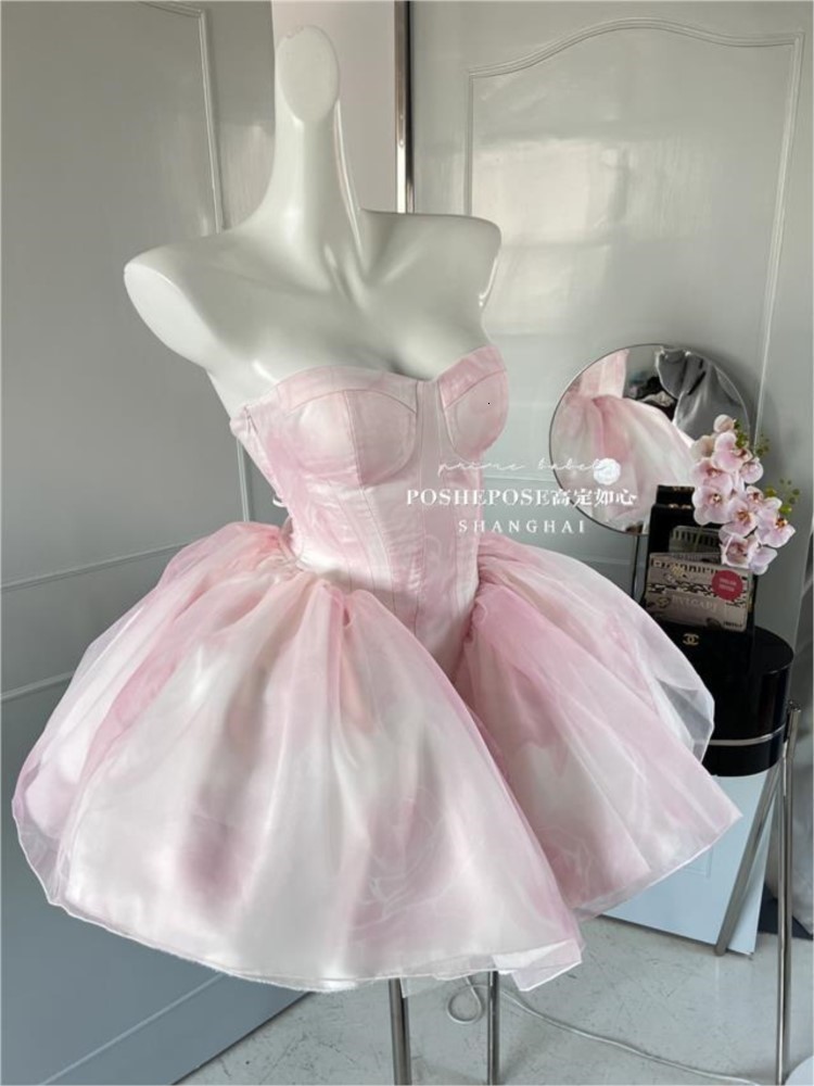 Urban Sexy Dresses Women Organza Chic Pink Asymmetrical Dress Vintage Summer Mini Birthday Female Ruffles Party Vestidos Lady Holiday Puff Dress 23080