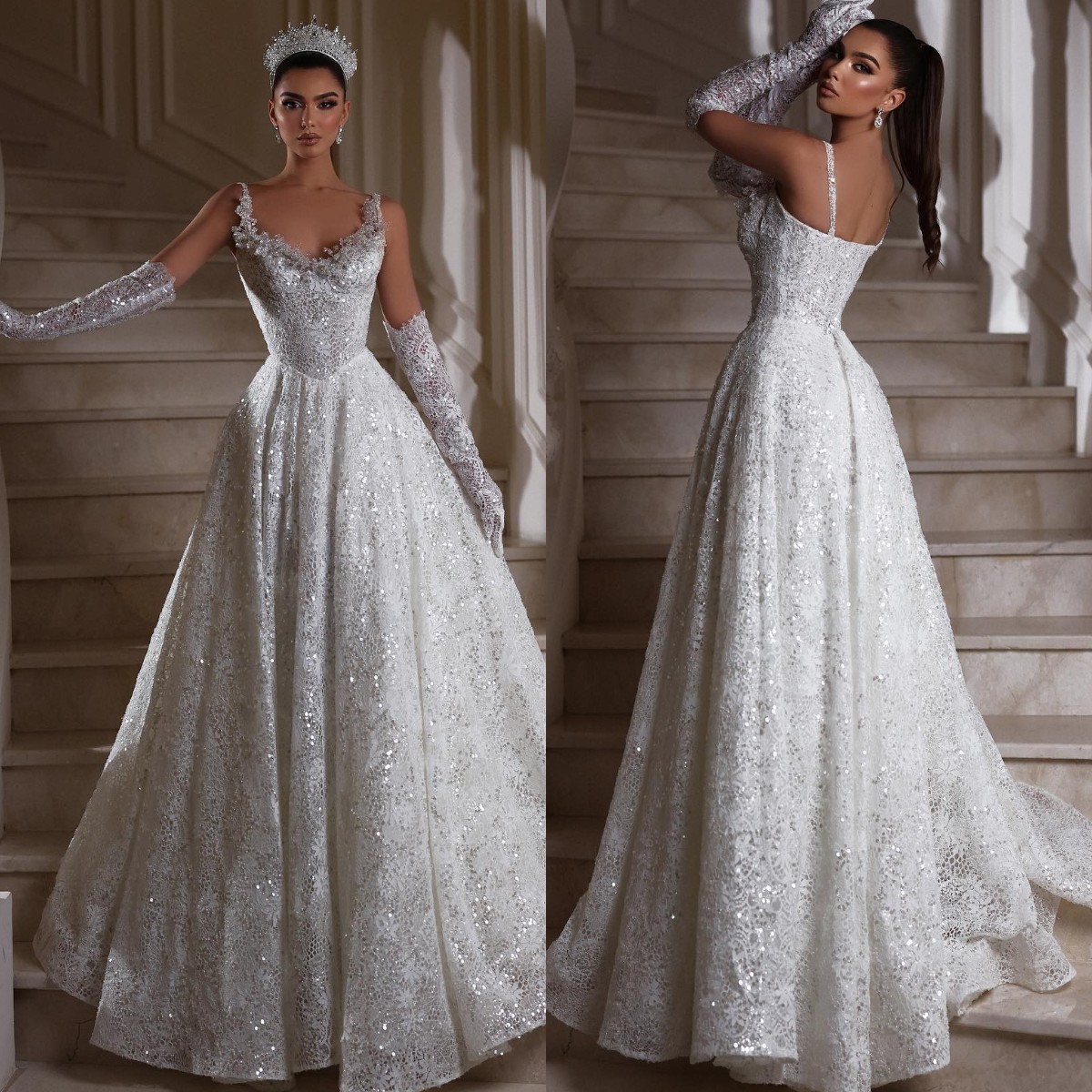 Vintage A E Dresses For Bride Spaghetti Ruffle Sequins Lace Wedding Dress Backless Long Designer Bridal Gowns Sweep Train Lz0304
