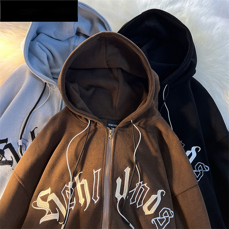 Womens Jackets American Vintage Letter Embroidery Zipper Hooded Jacket Couple Loose Fashion Street Long Sleeve Cardigan Coat women jacket 230808