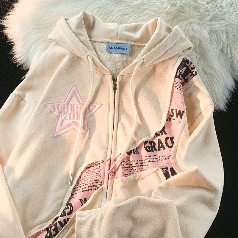 Women's Jackets Deeptown Y2K Vintage Zip Up Hoodies Women Harajuku Hip Hop Letter Print Sweatshirts Gothic Streetwear Loose Patchwork Tops